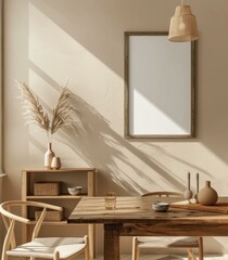 Interior of a house with a wooden table and chairs, a vase of flowers, and a picture frame on the wall. AI.