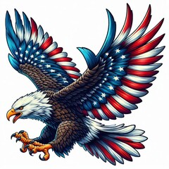 sea eagle spreads wings with feather in red and white color. america flag