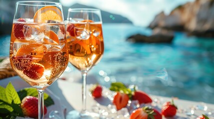 Various delicious cocktails on the bar counter against the background of the sea in the evening