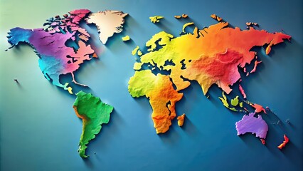Colorful world map with vibrant shades representing different countries and regions, geography, travel, countries, continents © Sujid