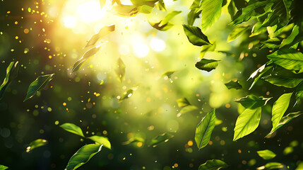 Flying leaves effect with mild sunbeam in 3d illustration vector