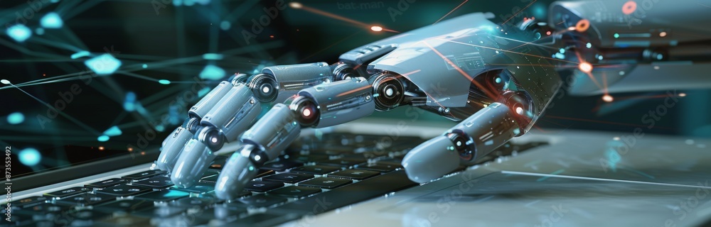 Poster robotic hand typing on laptop keyboard in a futuristic setting