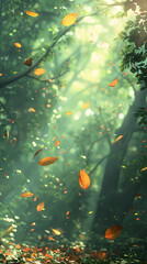 Flying leaves effect with mild sunbeam in 3d illustration vector