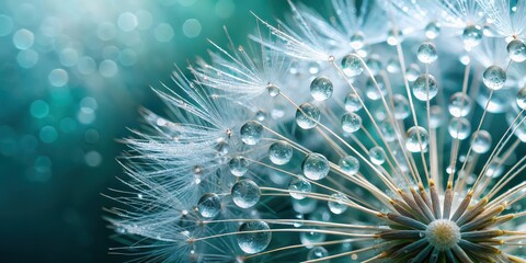 Obraz premium Beautiful macro shot of dew drops on a dandelion seed, nature, close-up, water droplets, morning, freshness, plant, delicate