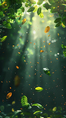 Flying leaves effect with mild sunbeam in 3d illustration vector