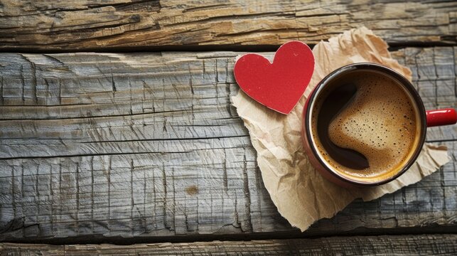 Valentine s Day love sweetheart Paper Heart on rustic wood with coffee notes Birthday joy