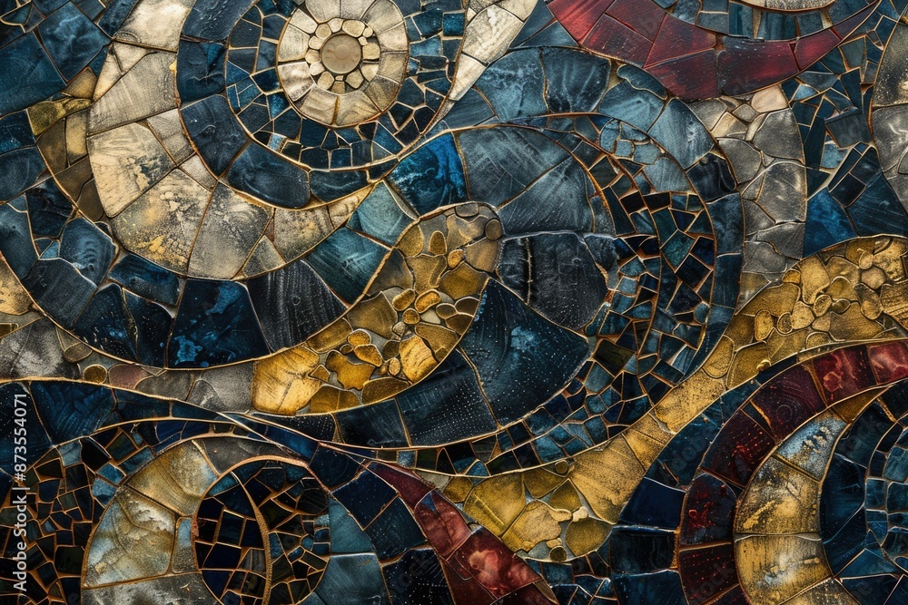 Poster a vibrant abstract spiral mosaic with colorful tiles in a mesmerizing pattern, creating a stylish vi
