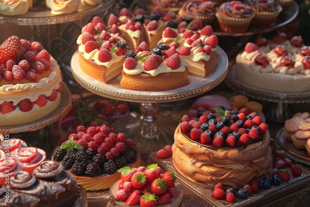 Sticker Sumptuous spread of berry-topped cakes and pastries in golden light