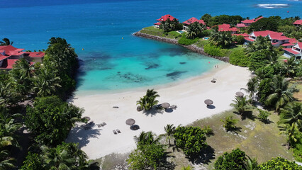 Eden Island At Mahe Island In Victoria Seychelles. Indian Ocean Landscape. Beach Paradise. Mahe Island At Victoria. Seascape Outdoor. Archipelago Background. Tourism Travel.