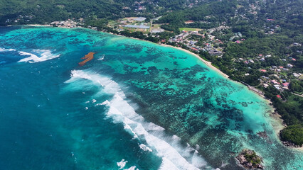 Anse Royale Beach At Mahe Island In Victoria Seychelles. Indian Ocean Landscape. Beach Paradise. Mahe Island At Victoria. Seascape Outdoor. Archipelago Background. Tourism Travel.