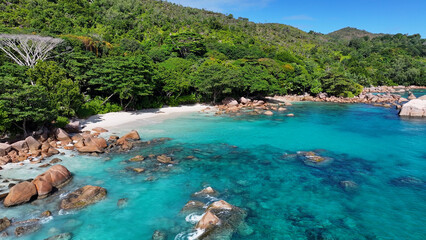 Anse Lazio At Praslin Island In Victoria Seychelles. Indian Ocean Beach. Africa Background. Praslin Island At Victoria. Tourism Landscape. Nature Seascape. Outdoors Travel.