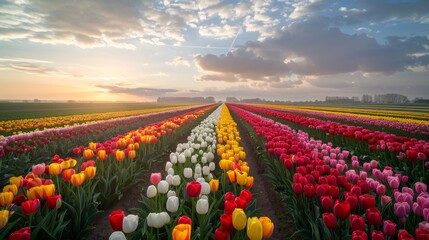 Colorful rows of tulips blooming in a field at sunset