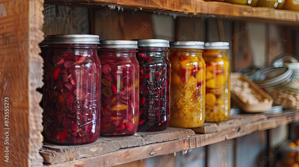Poster a shelf full of jars with different colored pickles