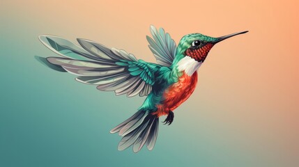 Fototapeta premium Hummingbird hovering in midair flat design top view tropical garden theme cartoon drawing colored pastel
