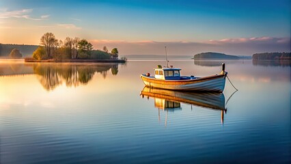 Fototapeta premium Tranquil fishing boat on calm lake surface, fishing, boat, calm, serene, tranquil, peaceful, water, reflection, nature, scenery