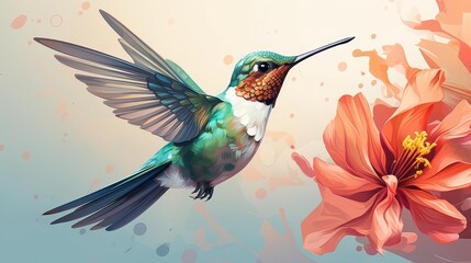 Hummingbird hovering in midair flat design top view tropical garden theme cartoon drawing colored pastel