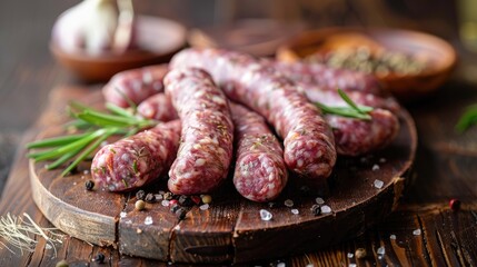A bunch of sausages are on a wooden cutting board. The sausages are covered in herbs and spices