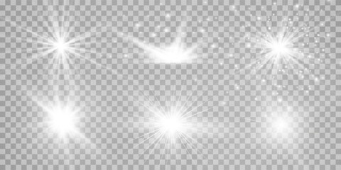 White glowing light explodes on a transparent background. Sparkling magical dust particles. Bright Star. Transparent shining sun, bright flash. Vector sparkles. To center a bright flash.