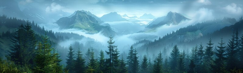 Obraz premium Mountains covered in fog and clouds with pine trees in foreground, Nature background
