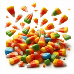 Colorful candy corns falling isolated on a white background