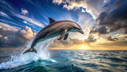 Fototapeta premium Dolphin gracefully jumping out of ocean water, dolphin, aquatic, marine, playful, jumping, wildlife, ocean, nature, sea, animal