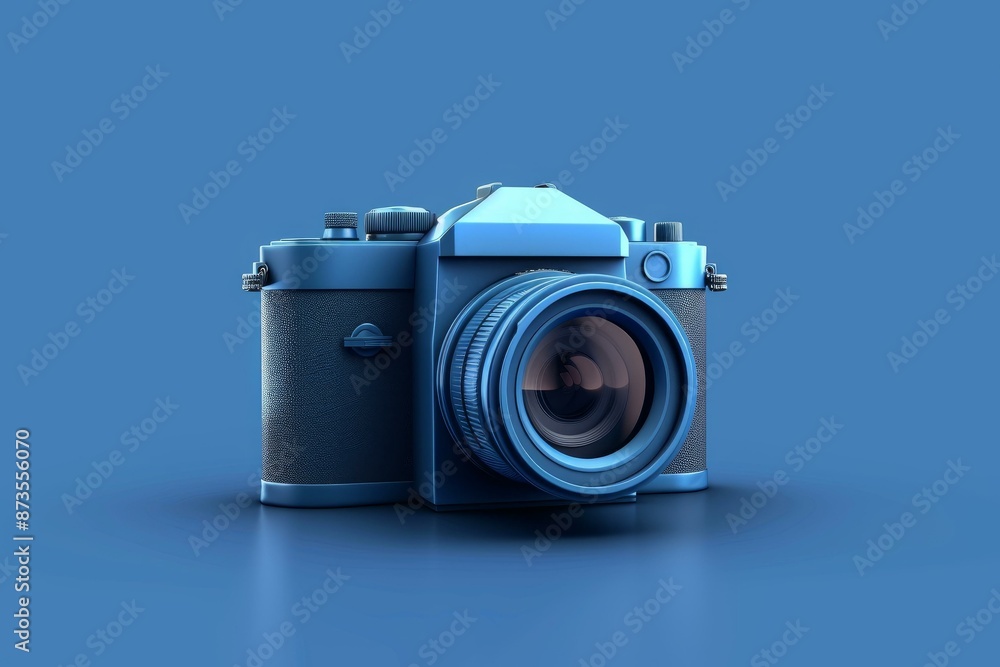 Poster 3d render of a retro-style camera with lens facing front, isolated on a deep blue backdrop