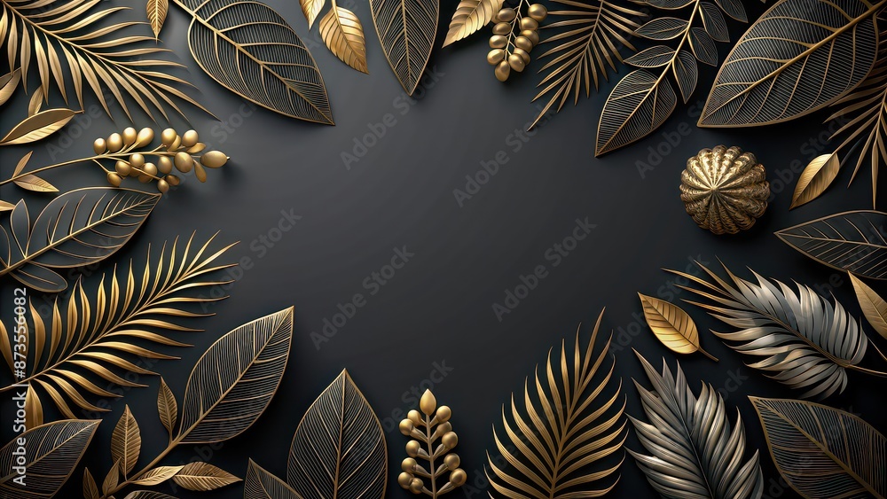 Poster Background with black leaves and gold accents, elegant, luxury, foliage, botanical, decorative, nature, pattern, dark, metallic