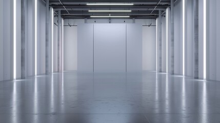 Obraz premium A spacious, modern warehouse illuminated by ambient LED lighting. A pristine, futuristic warehouse illuminated by soft ambient lighting.