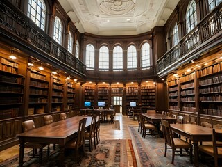 A large and luxurious library with tables and chairs with a large fireplace in the center