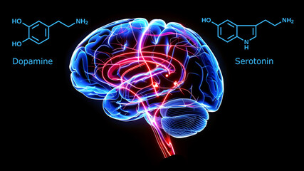 Human brain. Dopamine and serotonin molecules. Space for text.