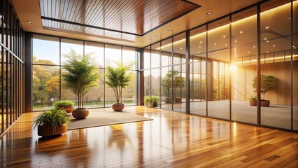 Fototapeta premium Tranquil hall with minimalist decor, warm colors, and large glass windows