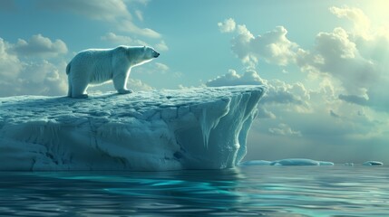 Naklejka premium A powerful image of a polar bear standing on a shrinking iceberg symbolizing the threat of climate change to their habitat..