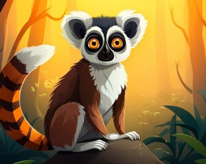 Fototapeta premium Lemur posed with wide eyes flat design front view rainforest theme animation Triadic Color Scheme