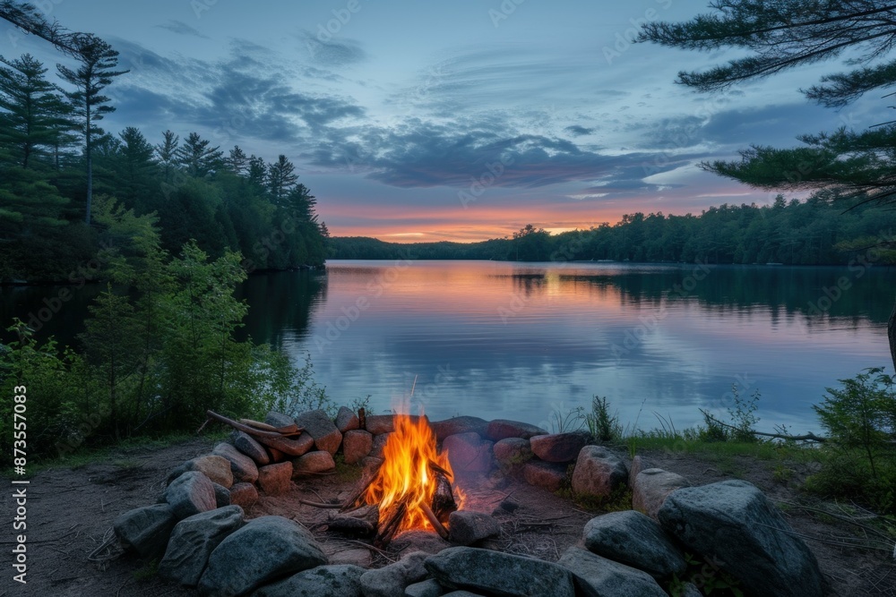 Wall mural Tranquil campfire by a calm lake, with a stunning sunset amidst forest trees