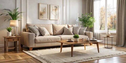 Cozy living room interior with plush sofa, coffee table, and soft rug, cozy, interior, room, living, sofa, coffee table, rug