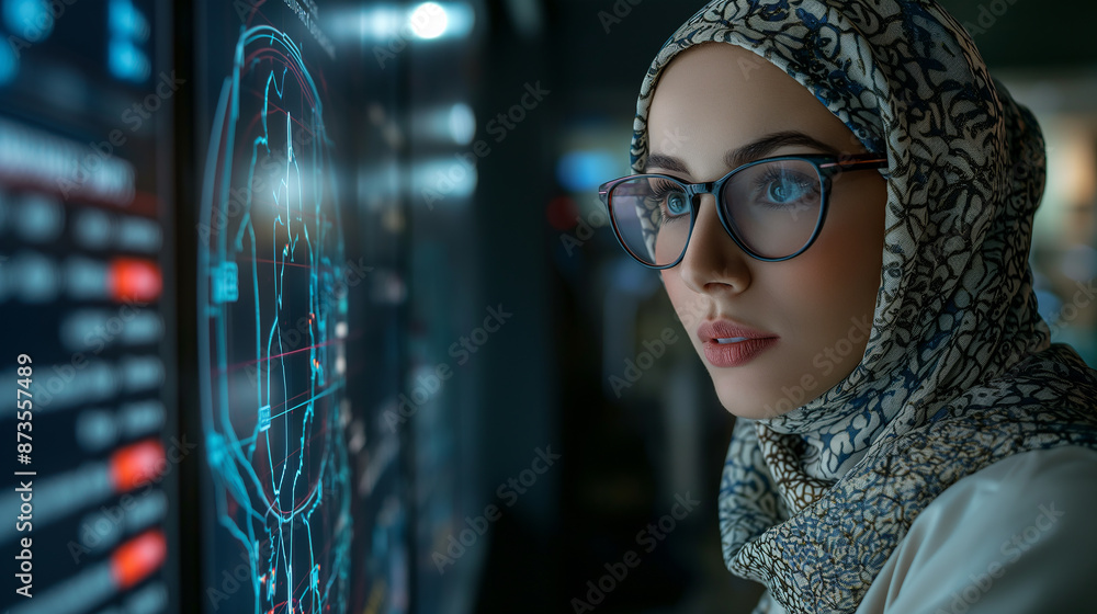Aufkleber Scientist in a headscarf is analyzing data on a transparent digital screen
