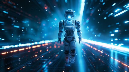 Fototapeta premium Futuristic robot walking through digital data stream