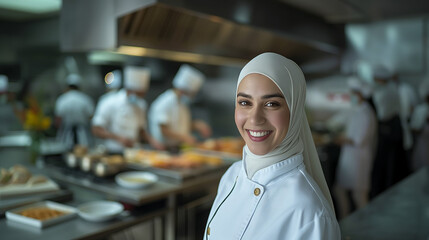 Young muslim chef woman smiling in restaurant kitchen