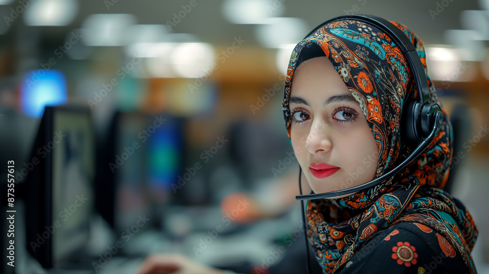 Poster Customer service representative wearing a headset is working on her computer