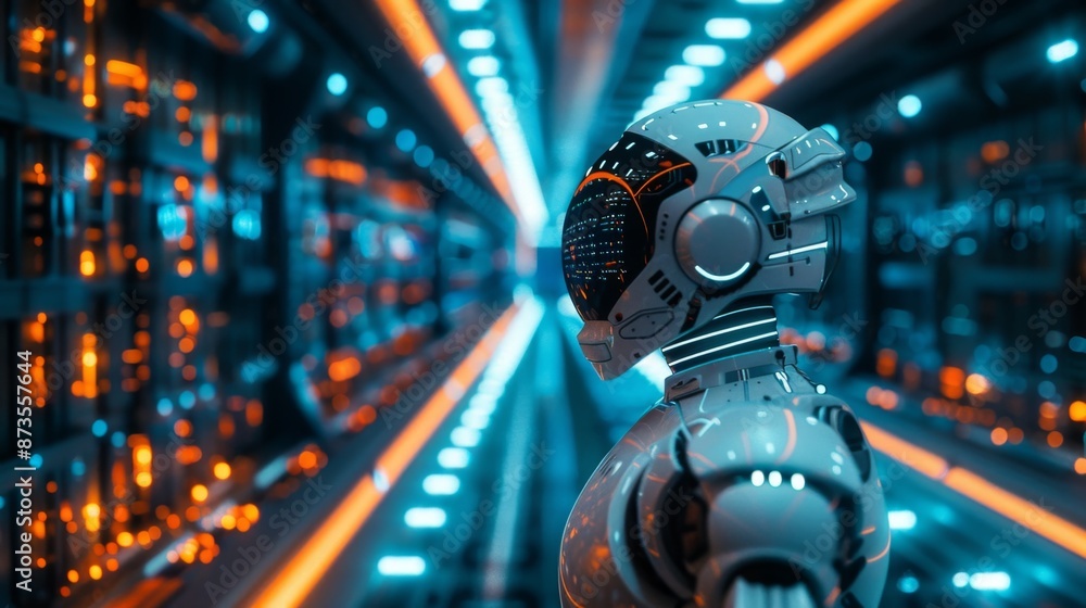 Poster modern robot standing in server room with data servers digital illustration