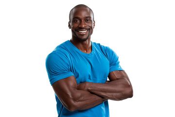 Smiling African American muscular athlete standing arms crossed, isolated on transparent background