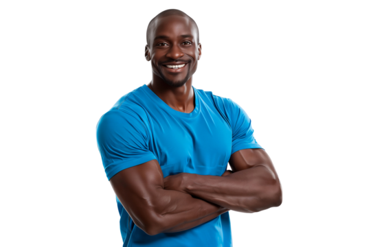 Smiling African American muscular athlete standing arms crossed, isolated on transparent background