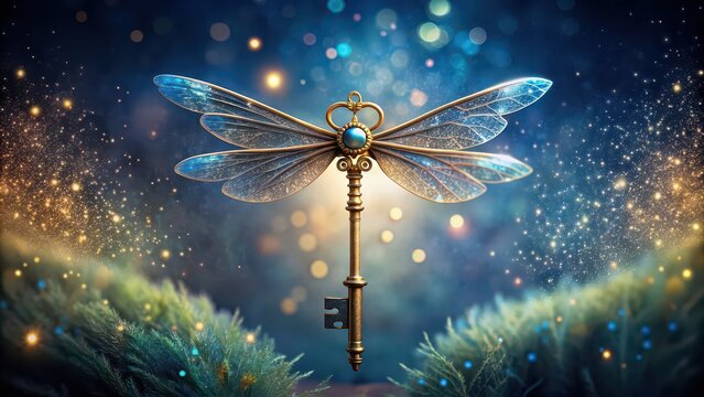 Magical flying key with dragonfly wings floating in the air, magical, flying, key, dragonfly, wings, fantasy