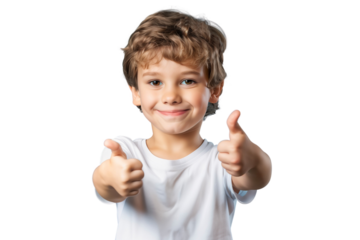 Portrait of a smiling and excited boy showing thumbs up, isolated on transparent background