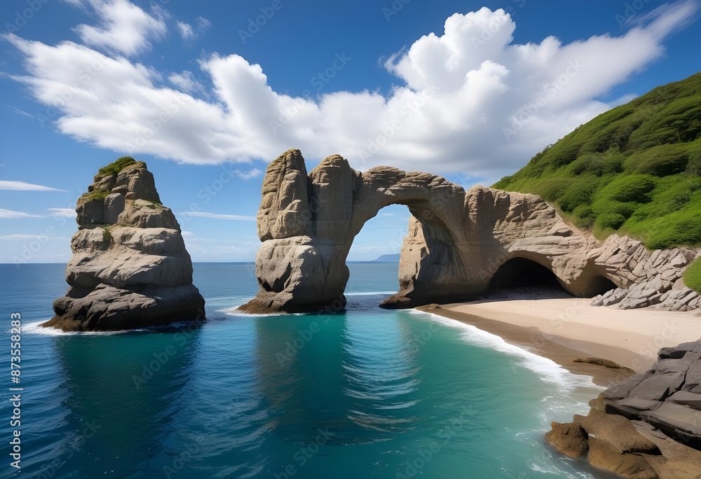 Wall mural a large natural stone arch formation rising from a rocky coastline, surrounded by lush greenery and 