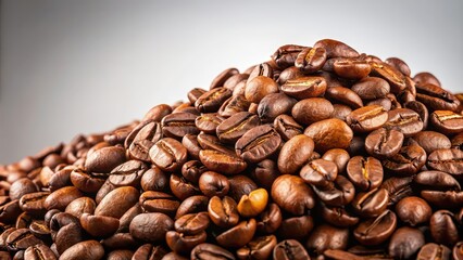 Fototapeta premium Pile of coffee beans isolated on background, coffee, beans, pile, isolated,background, caffeine, aromatic, drink, beverage, roast