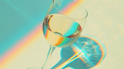 An elegant crystal goblet filled with a shimmering iridescent liquid that seems to change colors as it catches the light from a nearby glowing orb