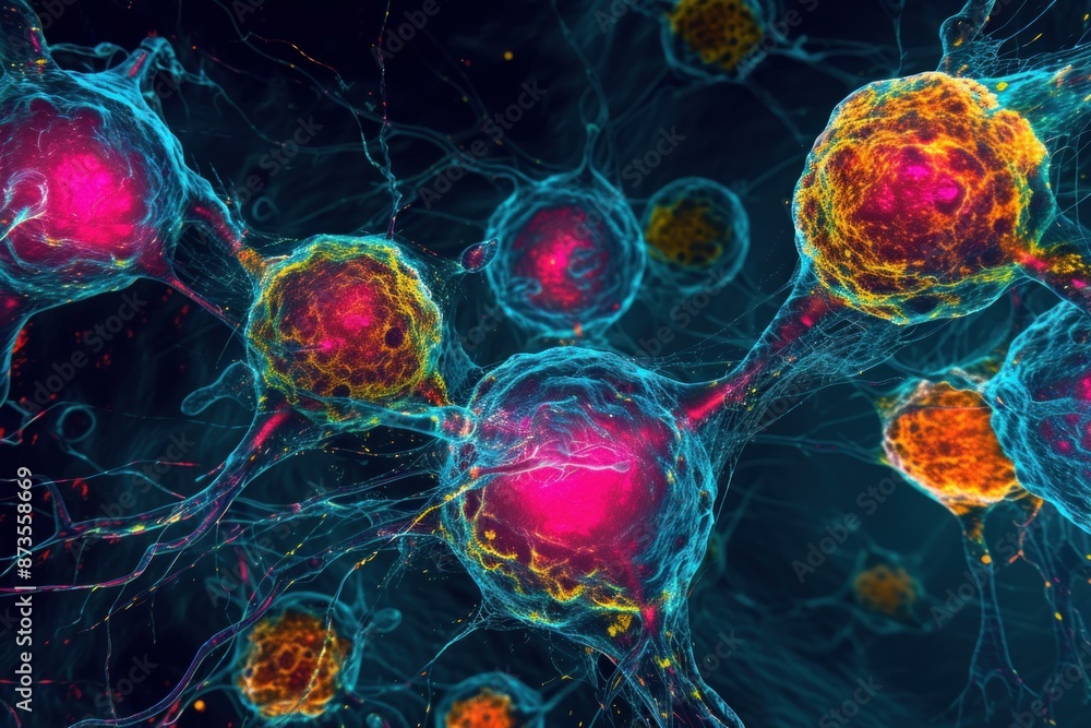 Poster Digital 3d render of active neural synapses and neurotransmitters