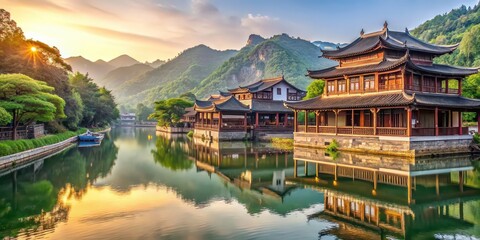 Fototapeta premium Traditional Chinese architecture on the edge of a serene river, blending harmoniously with the natural landscape, architektur, wasser