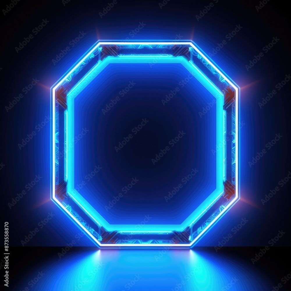 Poster abstract frame of mysterious geometric shape portal with digital style neon light reflecting set aga